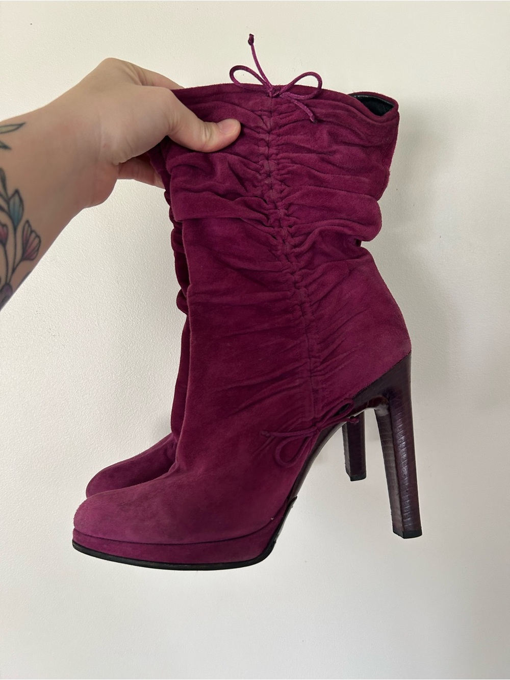 Gucci Burgundy Suede Ruched High Heel Boots